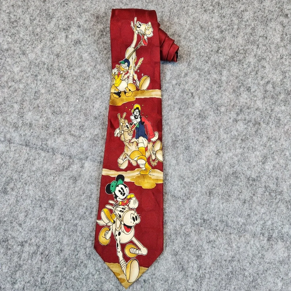 Disney Mickey Necktie Men OS Red Vintage Silk Mickey Goofy Donald Duck Horse 90s